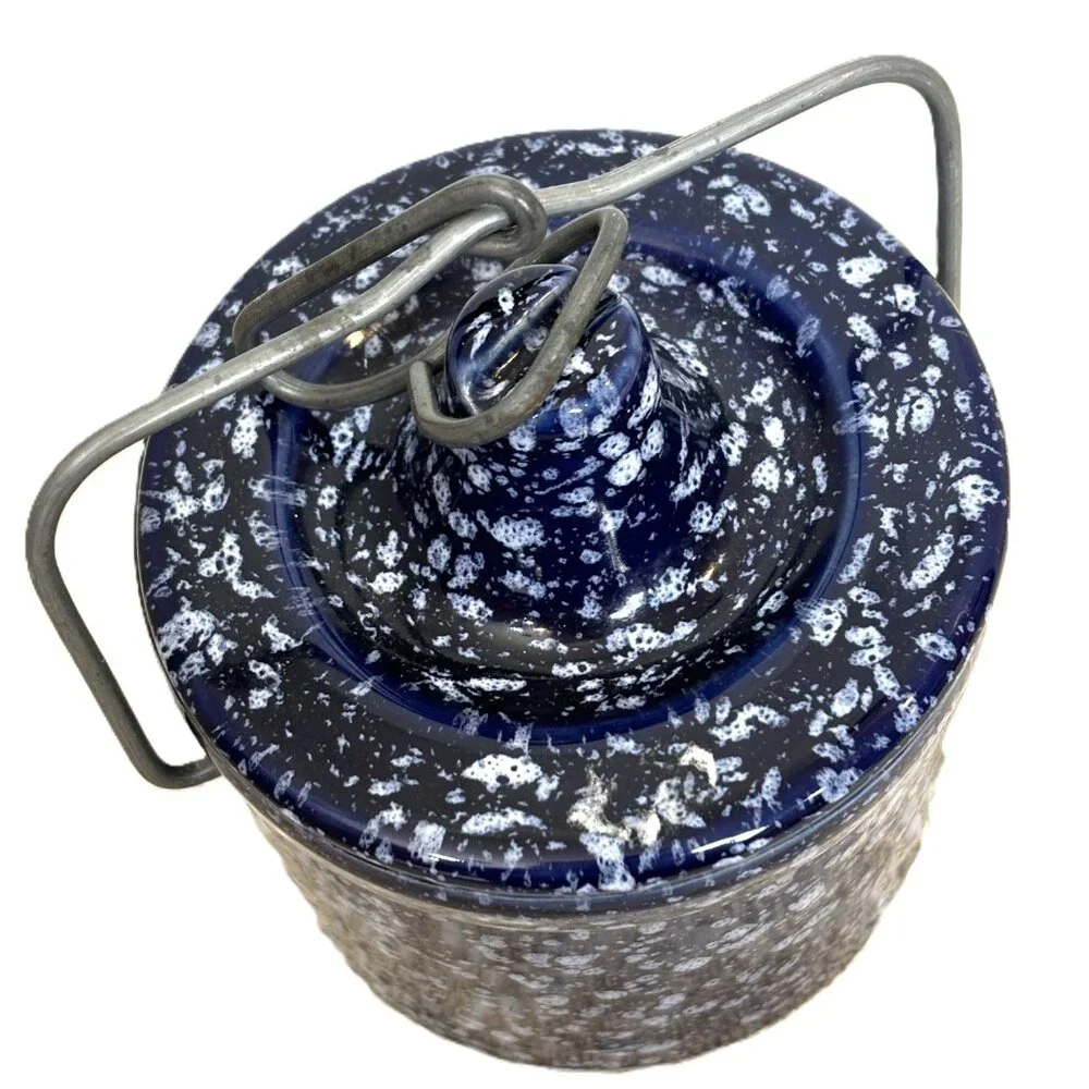 * Stoneware Cheese Butter Crock Jar wire Bail Lid Speckled Cobalt Blue Vintage
